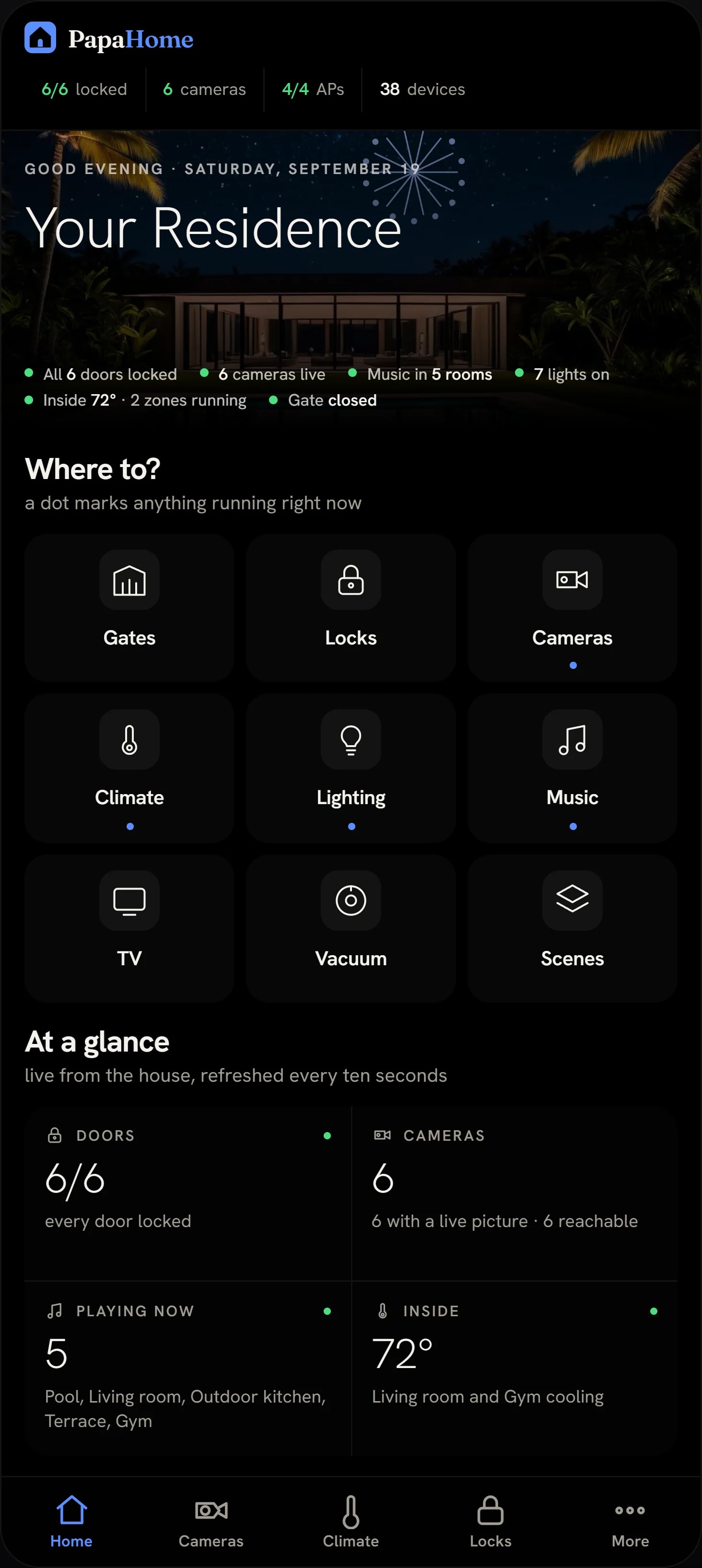 The PapaHome home screen on a phone: the house at night, every door locked, and tiles for gates, locks, cameras, climate, lighting and music