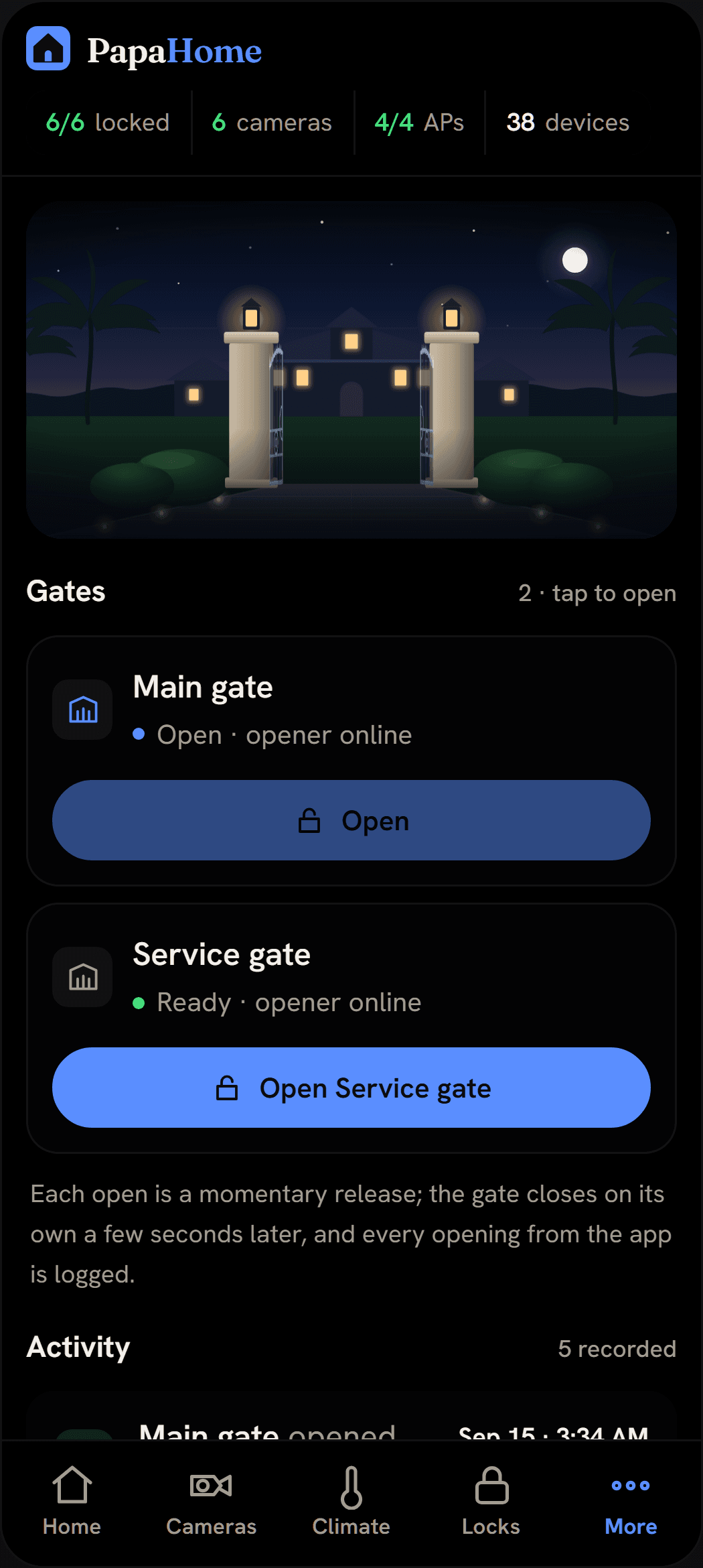 The gates screen on a phone: a drawn night scene of the front gates standing open, a card per gate with an Open button, and a log of every opening
