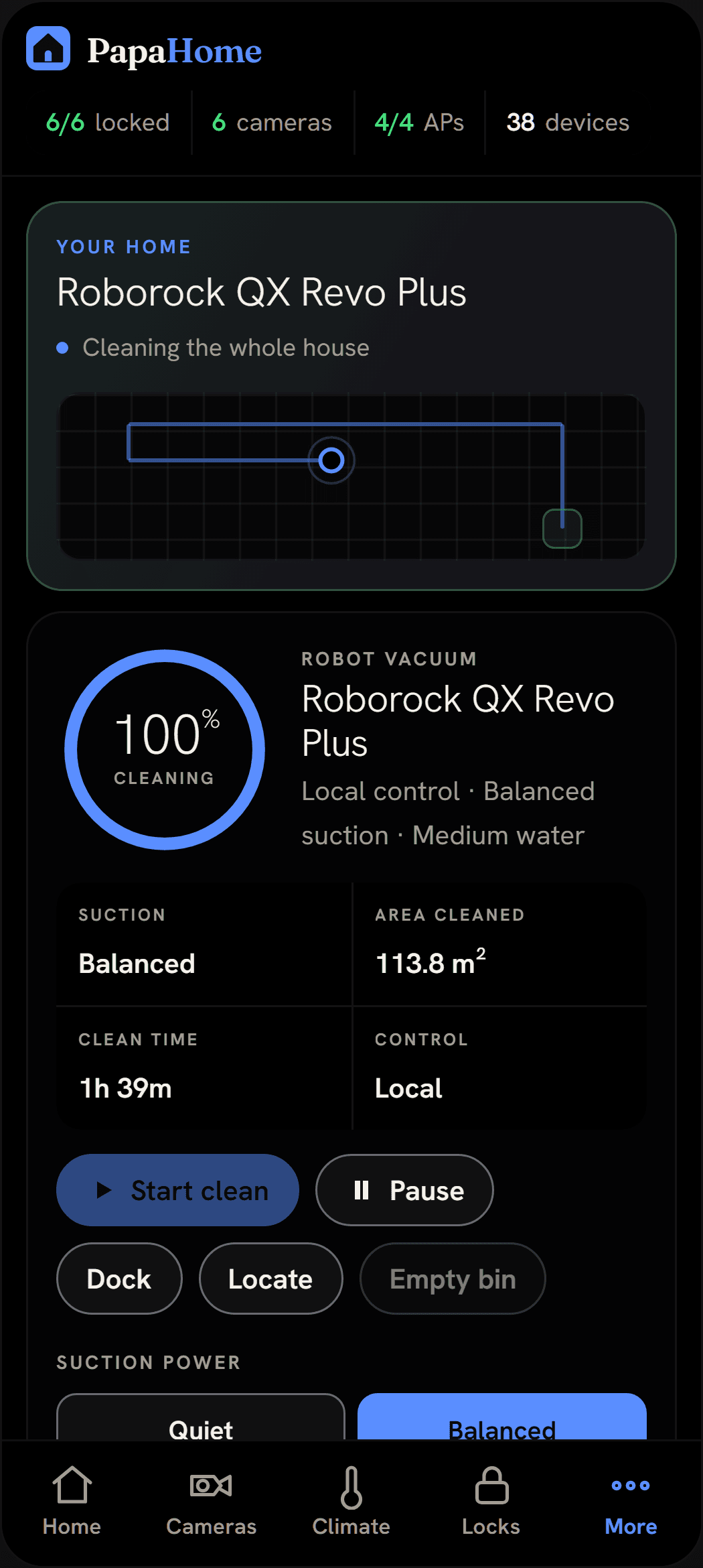The vacuum screen on a phone: the robot sweeping its map, its battery ring, suction level, the rooms to clean and the maintenance meters
