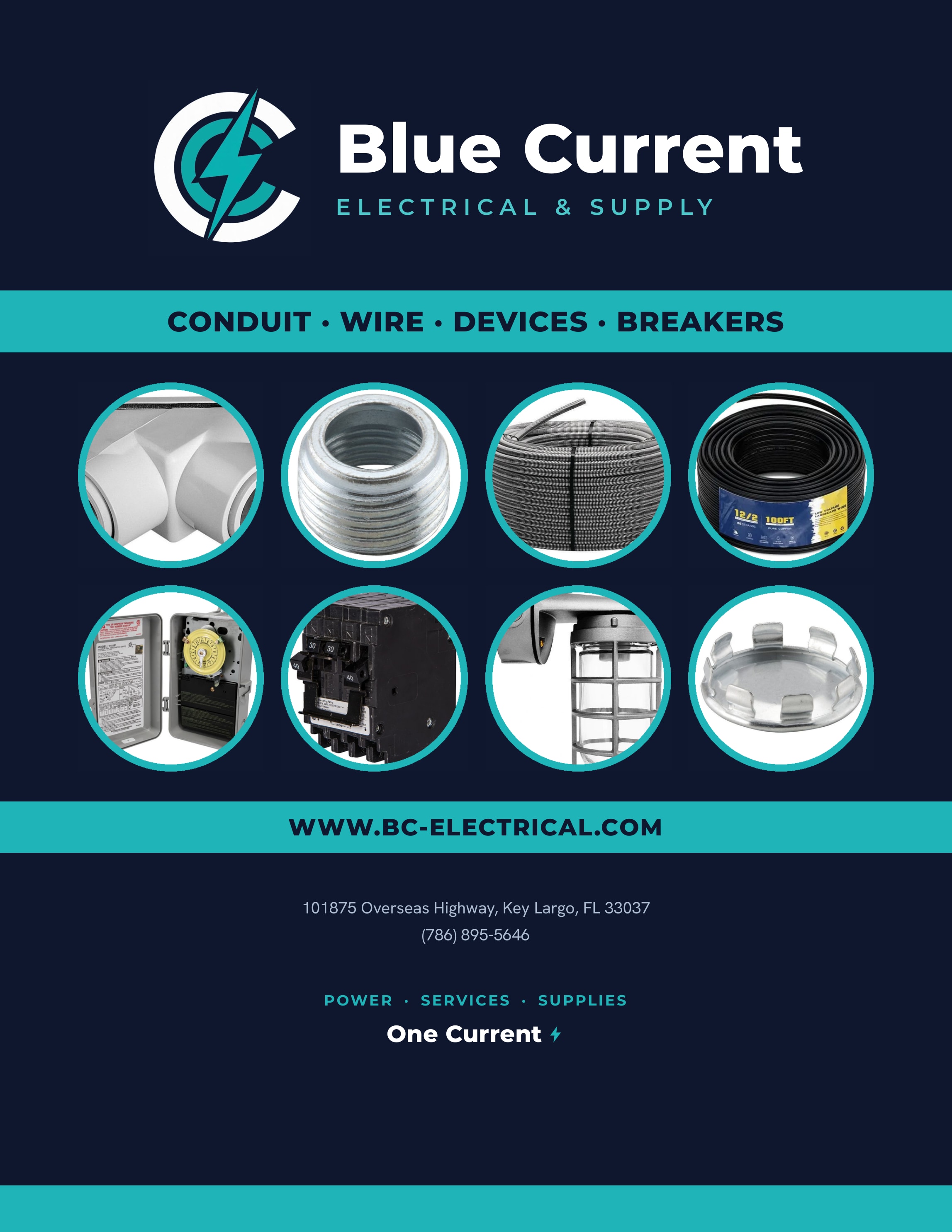 The cover of the Blue Current Electrical & Supply parts catalog: the mark, the four lines it stocks (conduit, wire, devices, breakers), eight product photos in teal rings, the web address, and the Key Largo address and phone.